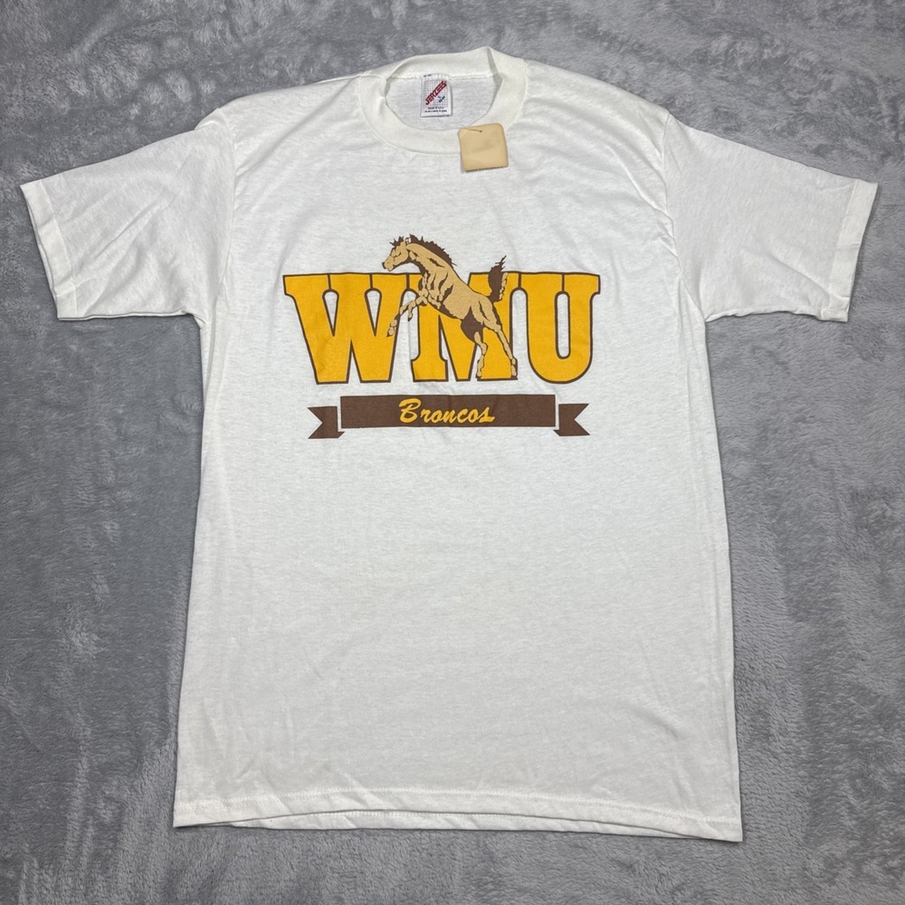 Vintage Western Michigan University T Shirt WMU Broncos Men L White Thin 80s 90s